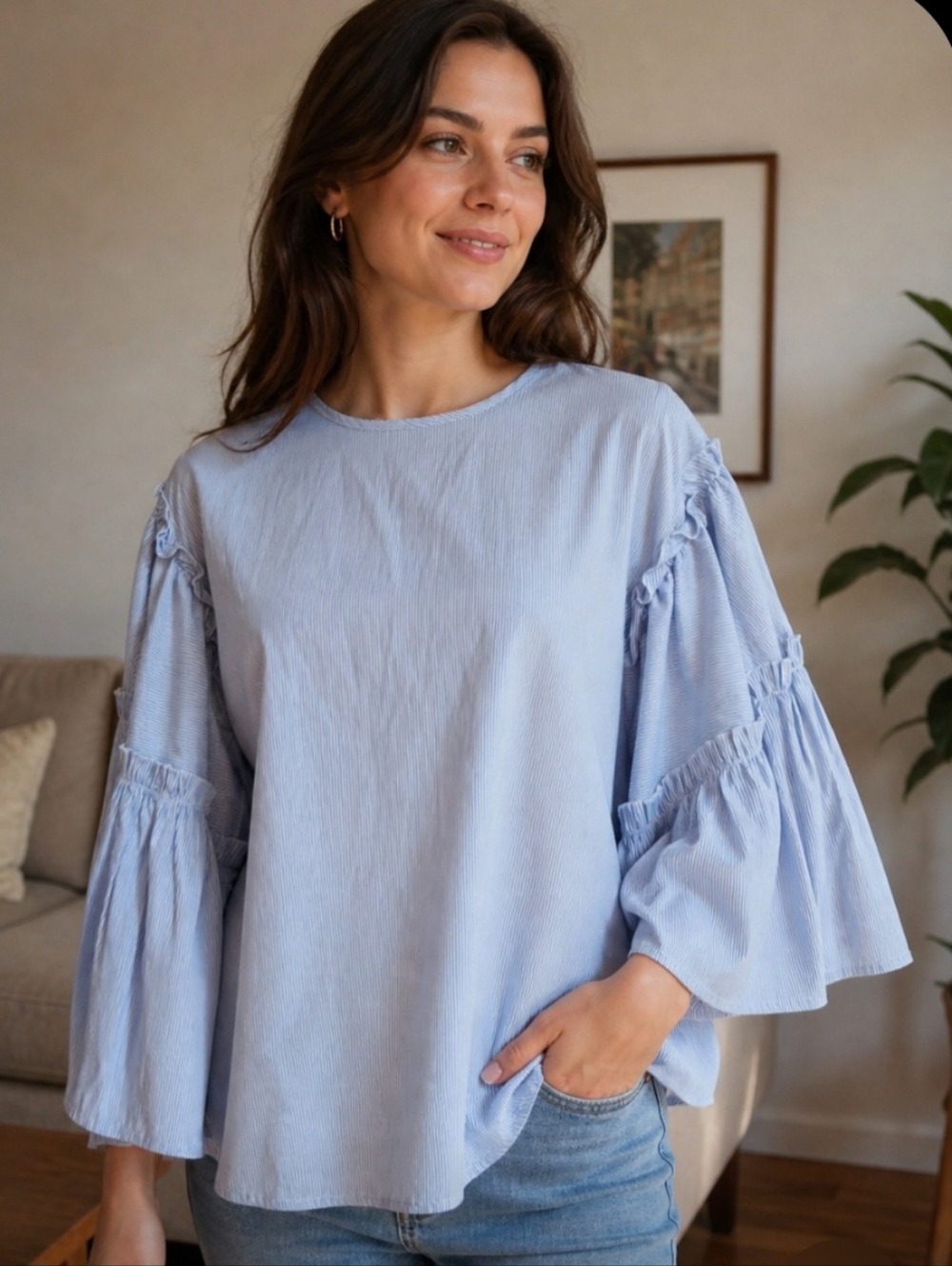Anthropologie DRA Los Angeles Blue White Pinstripe Bell Sleeve Blouse Small